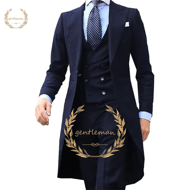 Casaco casual longo e fino masculino, terno de negócios personalizado, smoking