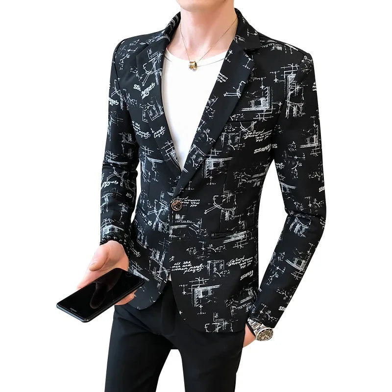 Blazer fino estampado versão coreana masculina, festa de casamento formal, jaqu