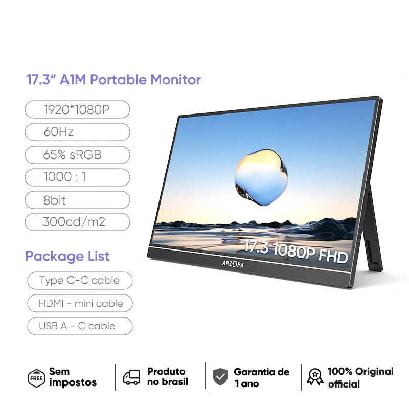 [produto no brasil] NOVO ARZOPA 15.6 inch Monitor Portátil FHD 1080P IPS USB-C