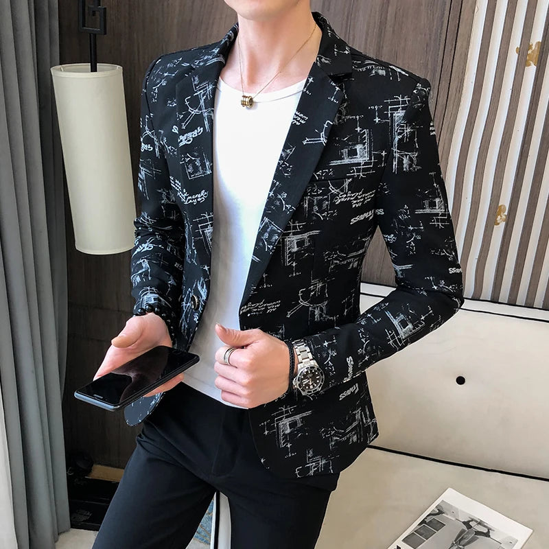 Blazer fino estampado versão coreana masculina, festa de casamento formal, jaqu