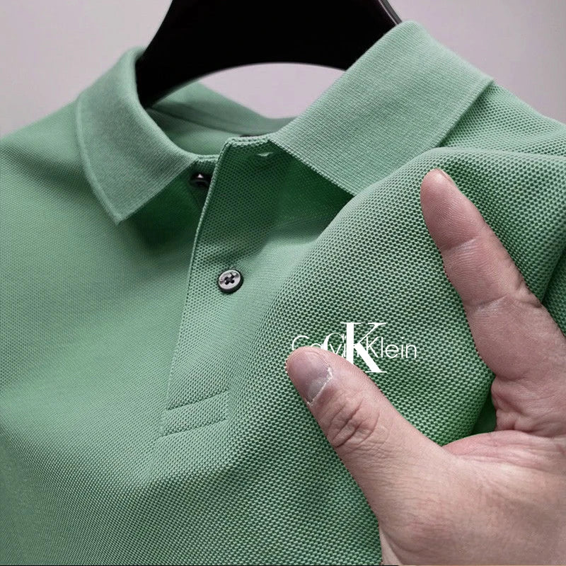 Novo polo masculino de verão, cor sólida, manga curta, camisa polo casual de r