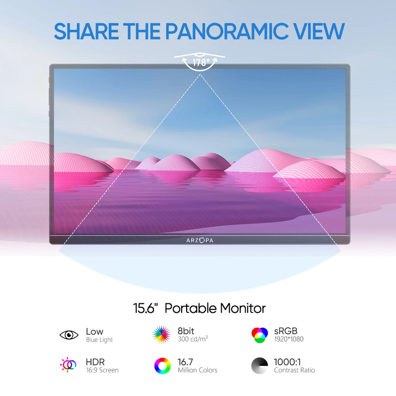 [produto no brasil] NOVO ARZOPA 15.6 inch Monitor Portátil FHD 1080P IPS USB-C