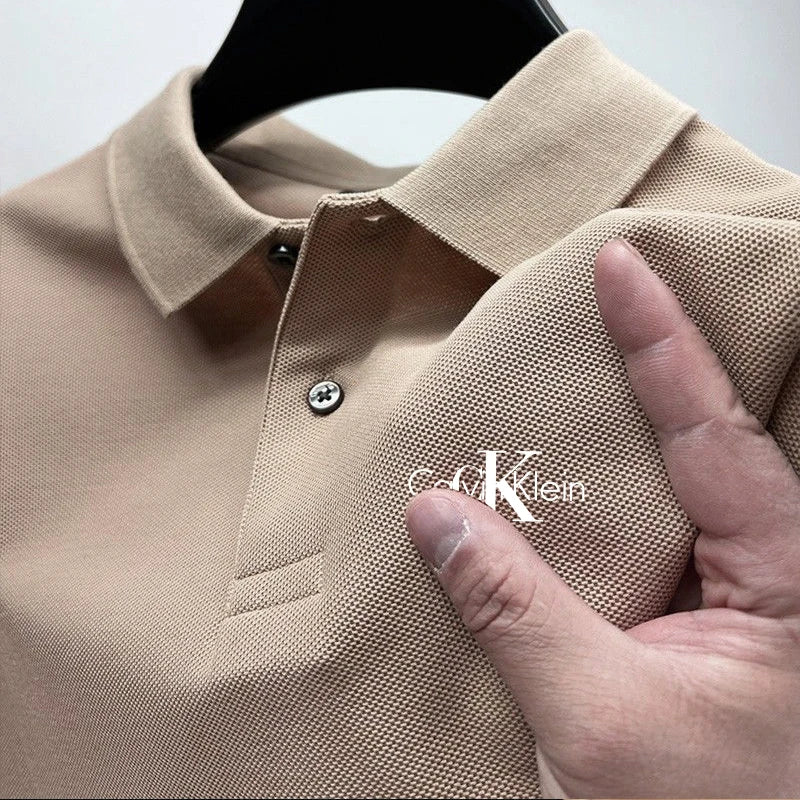 Novo polo masculino de verão, cor sólida, manga curta, camisa polo casual de r