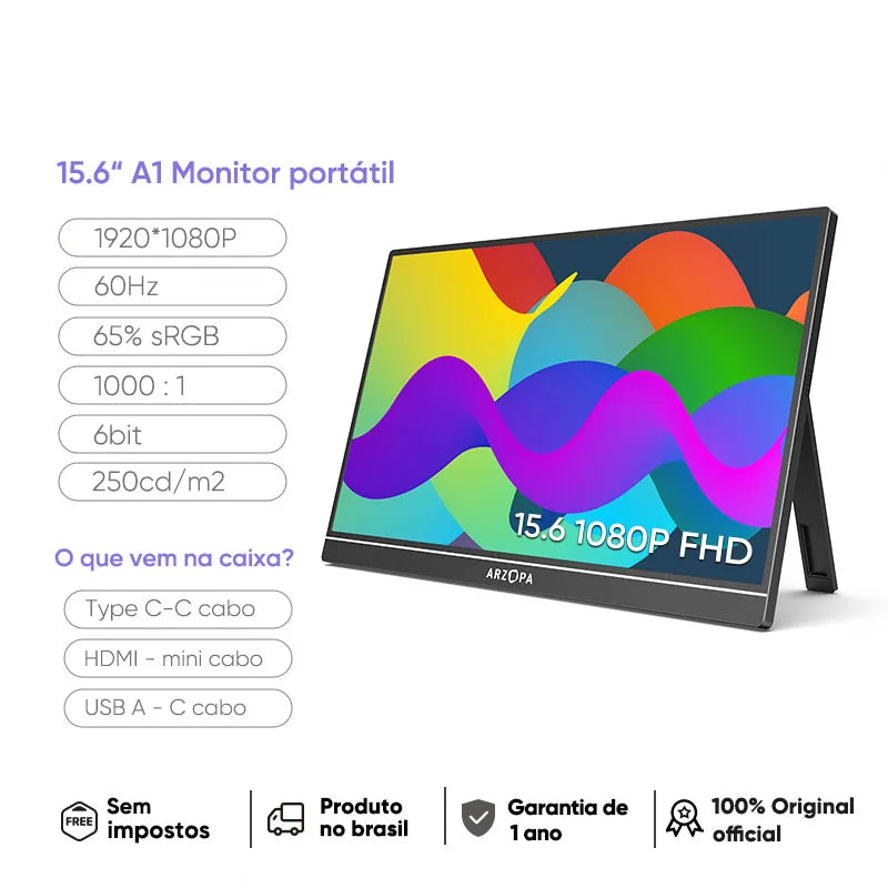 [produto no brasil] NOVO ARZOPA 15.6 inch Monitor Portátil FHD 1080P IPS USB-C