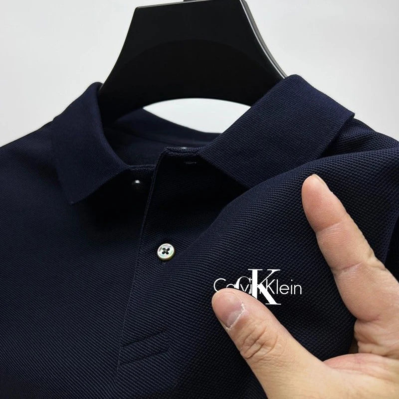Novo polo masculino de verão, cor sólida, manga curta, camisa polo casual de r